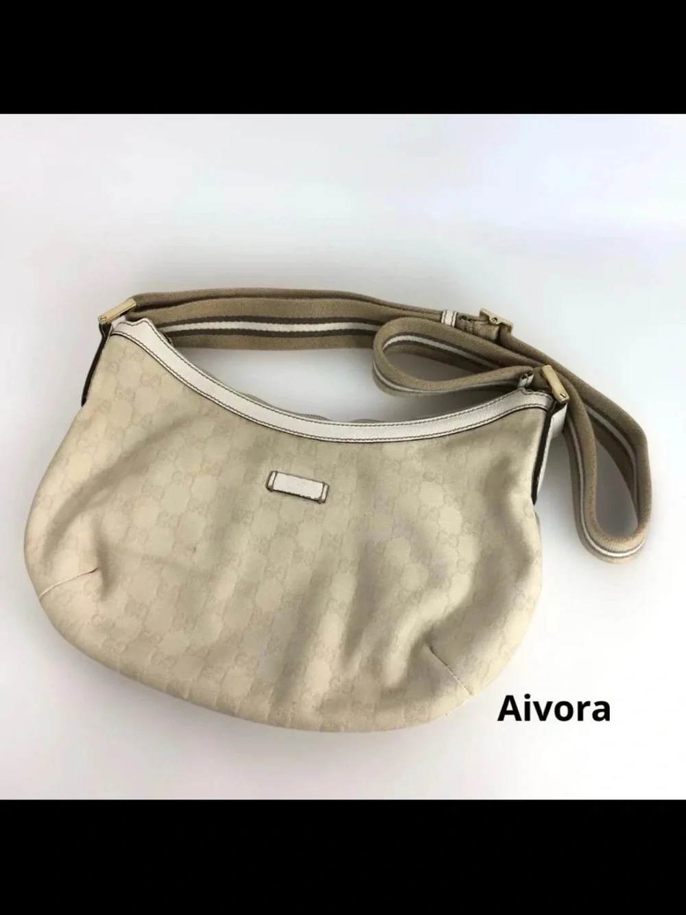 Gucci Beige Monogram Shoulder Bag with Striped Canvas Strap